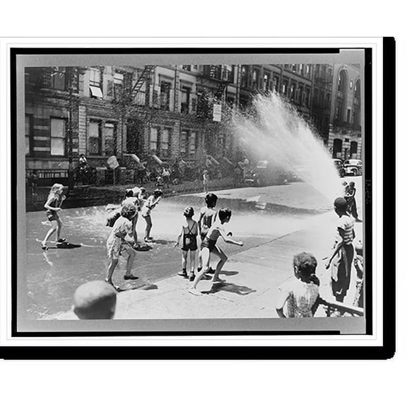 Historic Print, New York, New York. Children escape the heat of the East Side by using fire hydrant as a shower bath, 18" x 24"