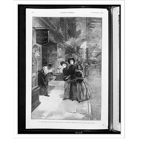 Historic Print, New York shop-girls buying Easter bonnets on Division Street.drawn by W.A. Rogers., 18" x 24"