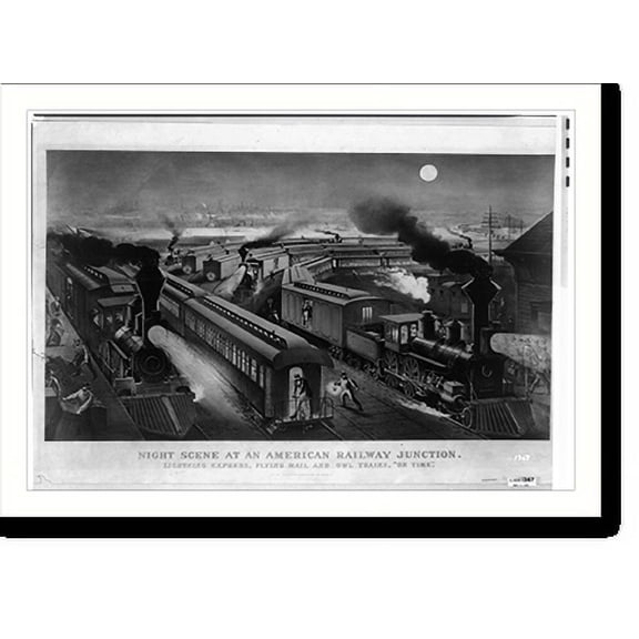 Historic Print, Night scene at an American railway junction: Lightning Express, Flying Mail, and Owl Trains, on time".Parsons & Atwater del.", 16" x 20"