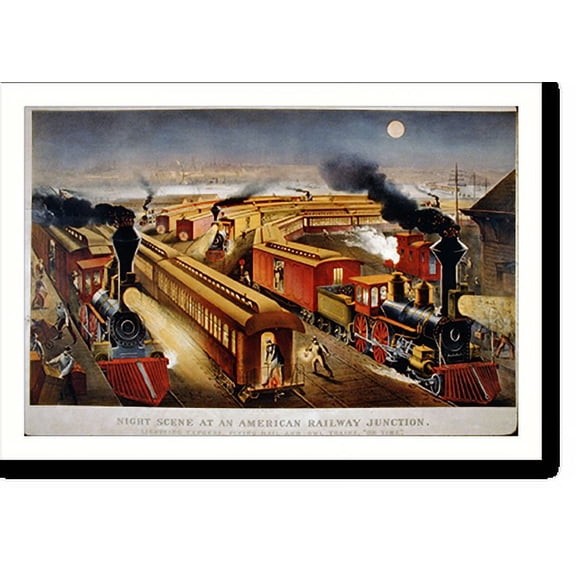 Historic Print, Night scene at an American railway junction: Lightning Express, Flying Mail, and Owl Trains, on time".Parsons & Atwater del." - 2, 18" x 24"