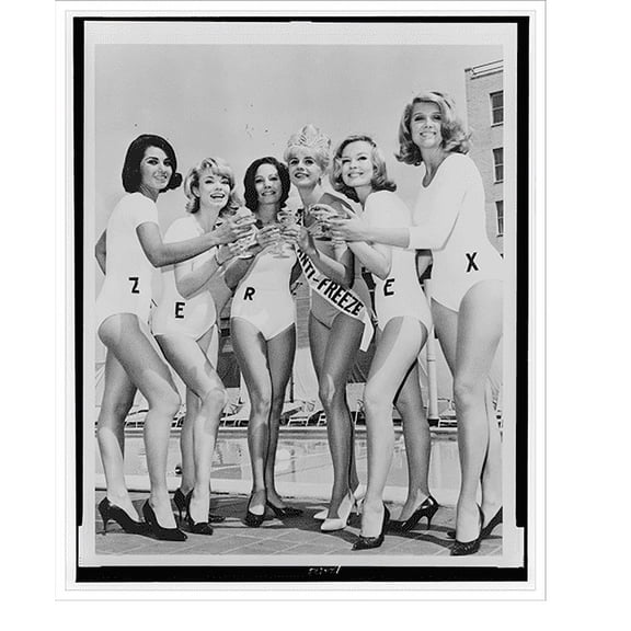 Historic Print, [Norma Berk, Miss Anti-Freeze, is toasted by (left to right) Jeannette Maltese, Gloria Van Deweel, Gladys Moir, Bianca Benedict, and Deejay, poolside at the Holiday Inn ...18" x 24"