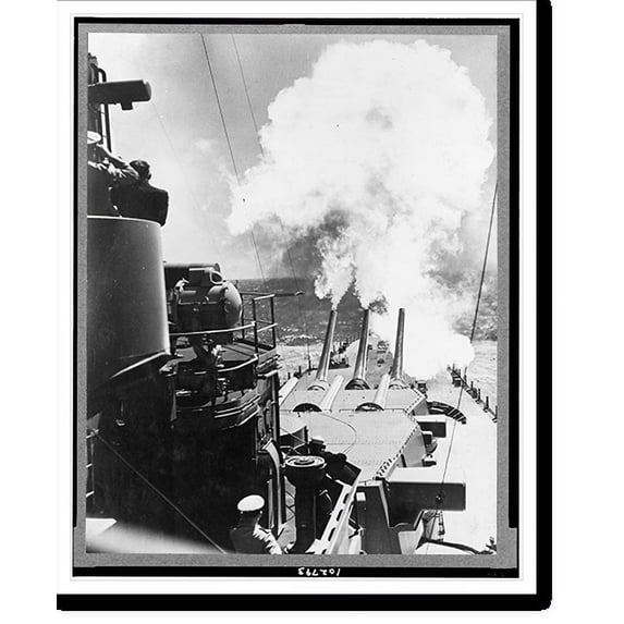Historic Print, Number one turret fires. Looking forward on the mighty U.S. Navy battleship. USS North Carolina. the three big 16-inch guns of the number one turret have just fired over…16" x 20"