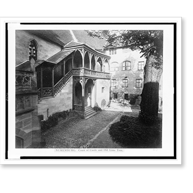 Historic Print, Nuremburg. Court of castle and old lime tree, 16" x 20