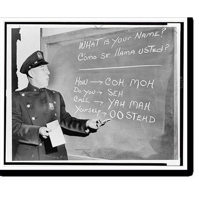 Historic Print, [Officer Richard Perry practices basic Spanish phrases