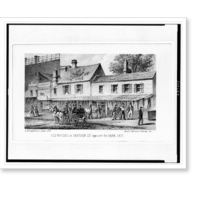 Historic Print, Old houses in Chatham St. opposite the park, 1857.A