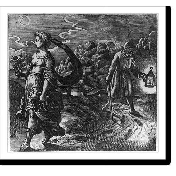Historic Print, [Old man with lamp walking behind woman], 16" x 20"