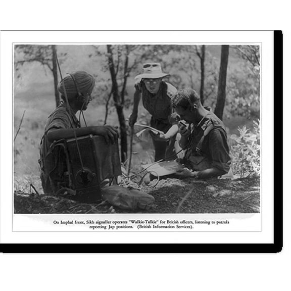 Historic Print, On Imphal front, Sikh signaller operates walkie-talkie for British officers, listening to patrols reporting Jap positions, 16" x 20"
