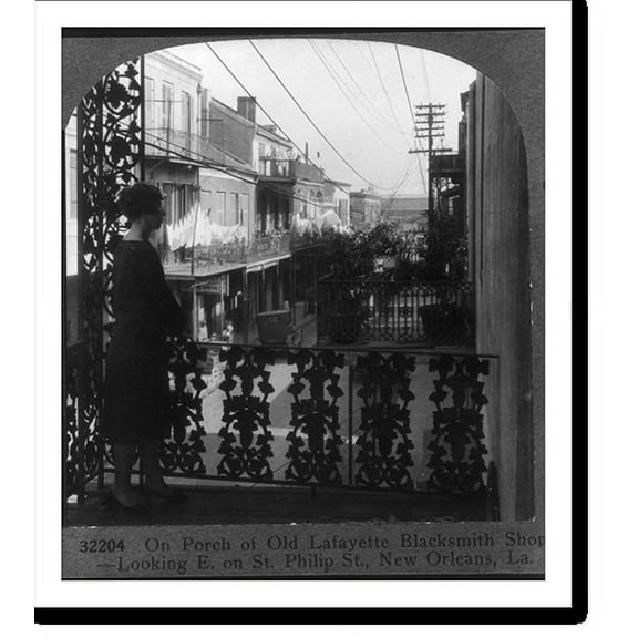 Historic Print, On porch [with wrought-iron railing] of Old Lafayette Blacksmith Shop - looking E on St. Philip St., New Orleans, La., 16" x 20"