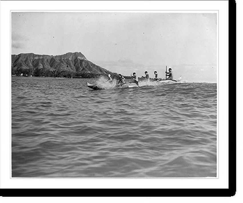 Historic Print, Outrigger canoeing at Waikiki Beach. Diamond Head in