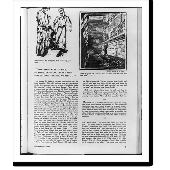 Historic Print, [Page 5 of the Atlantian, fall-winter 1959 issue, containing an illustration of a shakedown in a prison and illustration of cells by Russian inmate Rudolph Abel], 18" x 24"