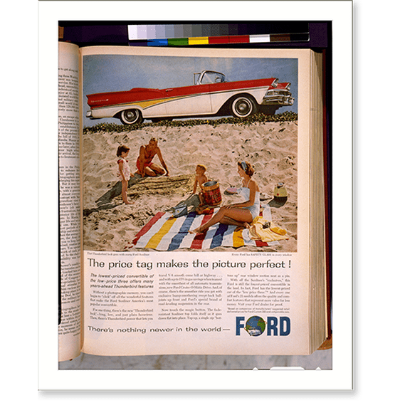 Historic Print, [Page of advertisement for Ford automobiles, showing a 1958 Ford Fairlane 500 convertible and man, woman, and two children on beach], 16" x 20"