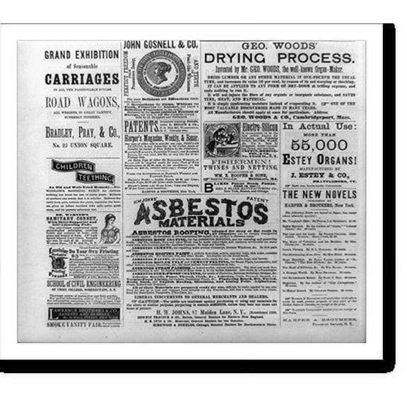 Historic Print, [Page of advertisements from Harper's Weekly, 8 May 1875, including: tooth paste, silver polish, new novels, asbestos materials, carriages, teething syrup, amateur print...18" x 24"