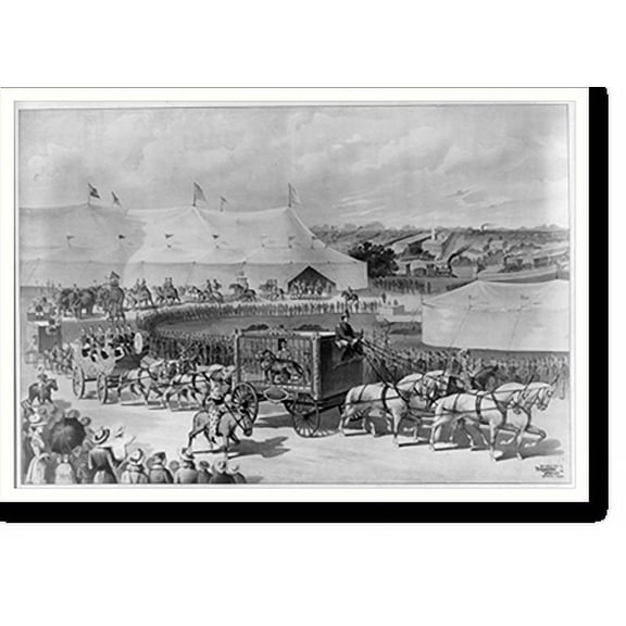 Historic Print, [Parade with lion in cage on wagon, circus tent in background], 18" x 24"