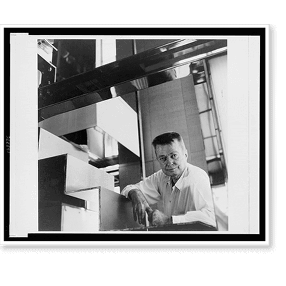 Historic Print, [Paul Rudolph, head-and-shoulders portrait, leaning on stairs in his penthouse apartment], 18" x 24"