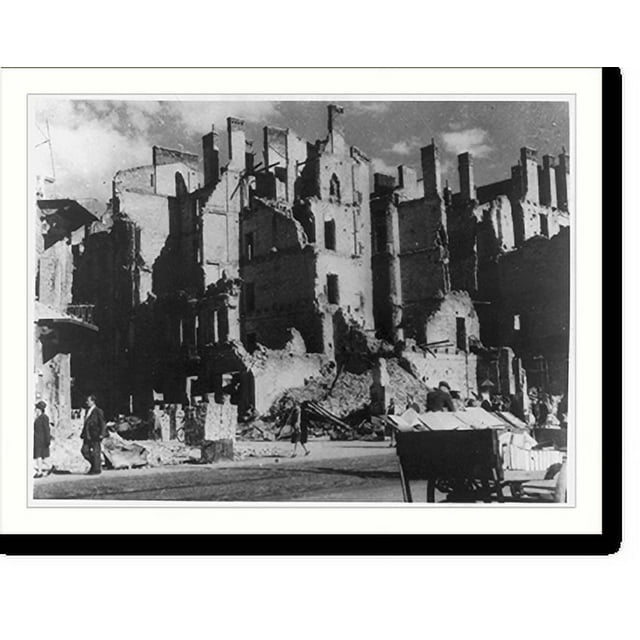 Historic Print, [Pedestrians walking past buildings destroyed by