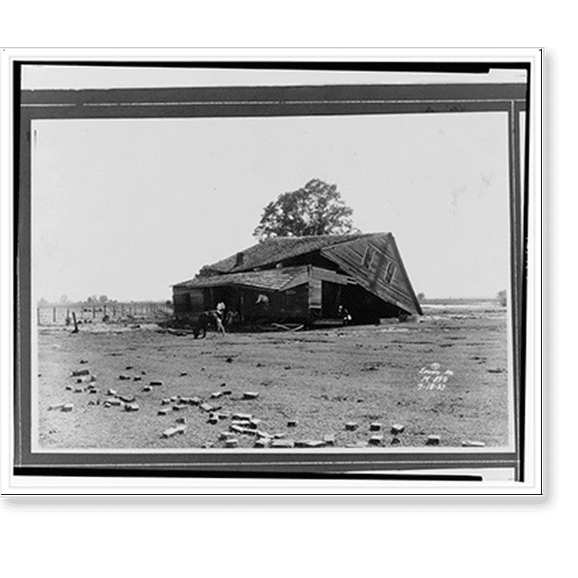 Historic Print, [People standing on porch of collapsed house with