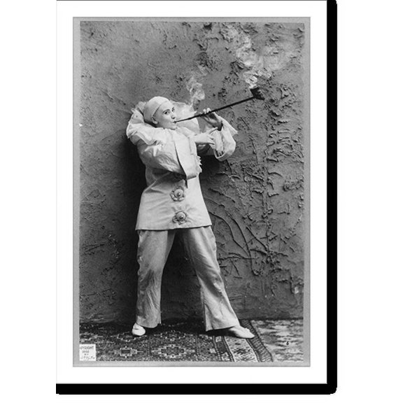 Historic Print, Pilar Morin as clown/mime: Full length, standing, facing right; smoking pipe, 16" x 20"