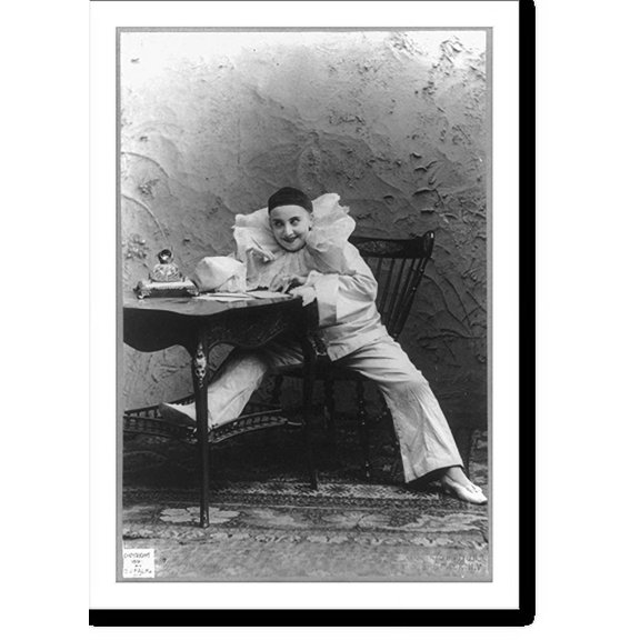 Historic Print, Pilar Morin as clown/mime: full lgth., seated at table, 18" x 24"