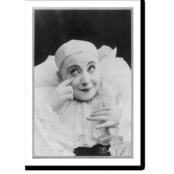 Historic Print, Pilar Morin as clown/mime: head and shoulders, facing slightly right; hand raised to right eye, 16" x 20"