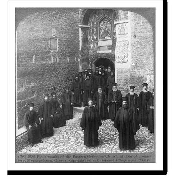 Historic Print, Pious monks of the Eastern Orthodox Church at door of monastery, Megaspelaeon, Greece, 16" x 20"