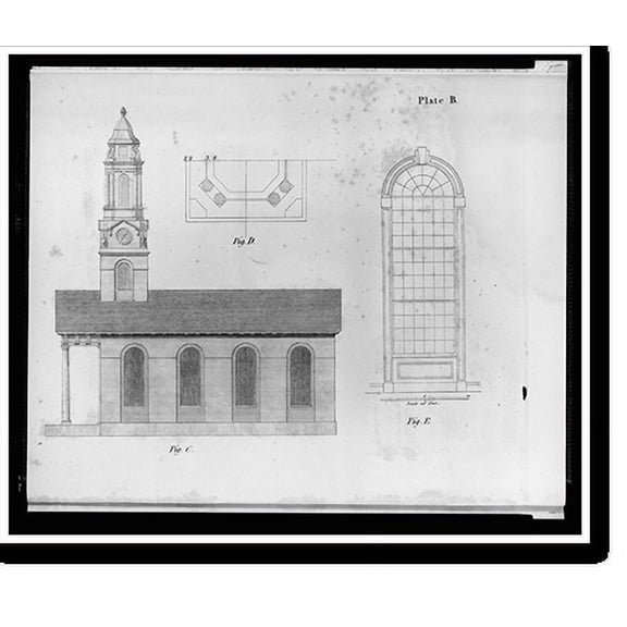 Historic Print, [Plan and elevations of a church. Side elevation, plan of cupola, size and shape of the glass" (i.e., interior window elevation)]", 16" x 20"