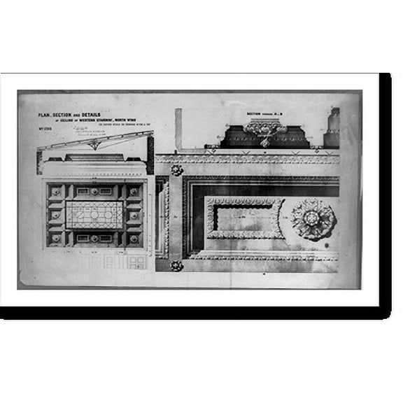 Historic Print, Plan, section and details of ceiling of western stairway, north wing, 18" x 24"