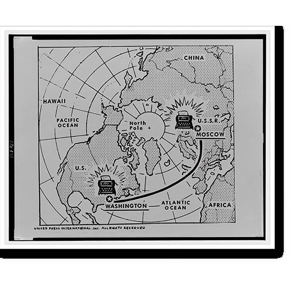 Historic Print, [Polar map of the Northern hemisphere, showing two hot line teletype machines connecting Washington, D.C. and Moscow, Russia], 16" x 20"