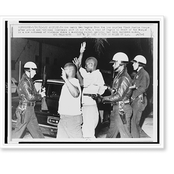 Historic Print, Police march two Negros from the Los Angeles Black Muslim Mosque after. weeklong racial uprising had been declared ended, 18" x 24"