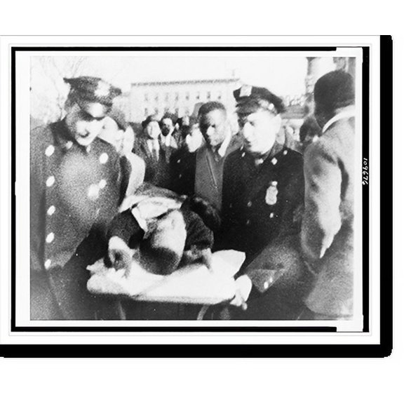 Historic Print, Police wheel body of Malcolm X out of upper Manhatten ballroom, enroute to nearby hospital, Feb. 21, after he was cut down by hail of bullets as he appeared to address m16" x 20"