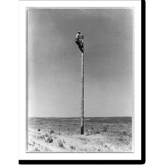 Historic Print, Portrait of America. No. 36. Rural electrification in the U.S. Far out on the western plains of America a lineman adjusts the top wire of a rural electrification project...18" x 24"