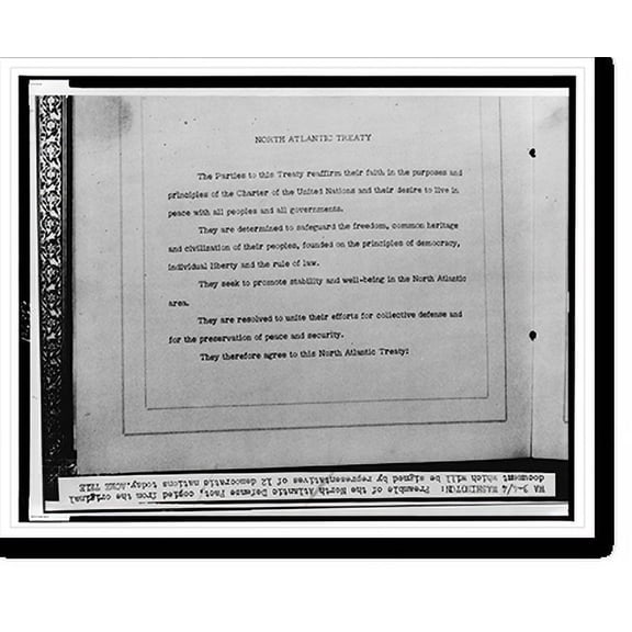 Historic Print, Preamble of the North Atlantic Defense Pact, copied from the original document which will be signed by representatives of 12 democratic nations today, 16" x 20"