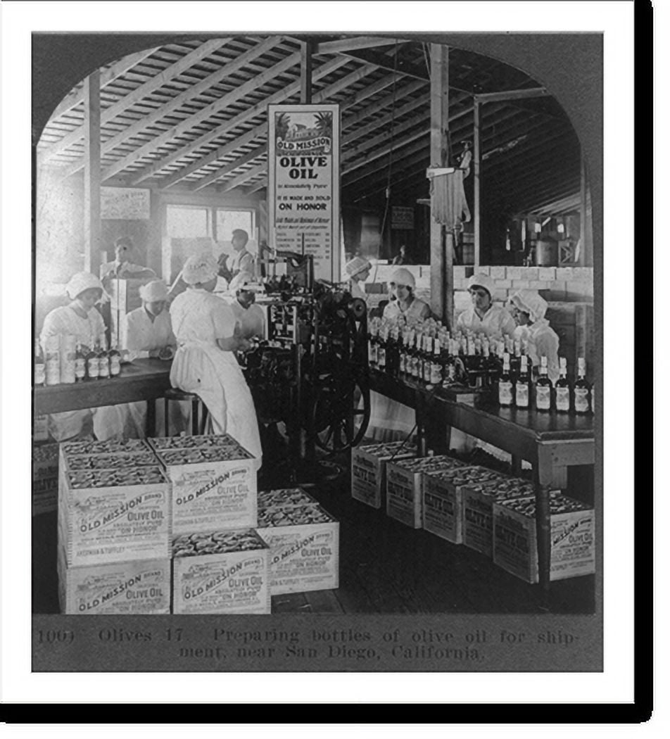 Historic Print, Preparing bottles of olive oil for shipment, near San