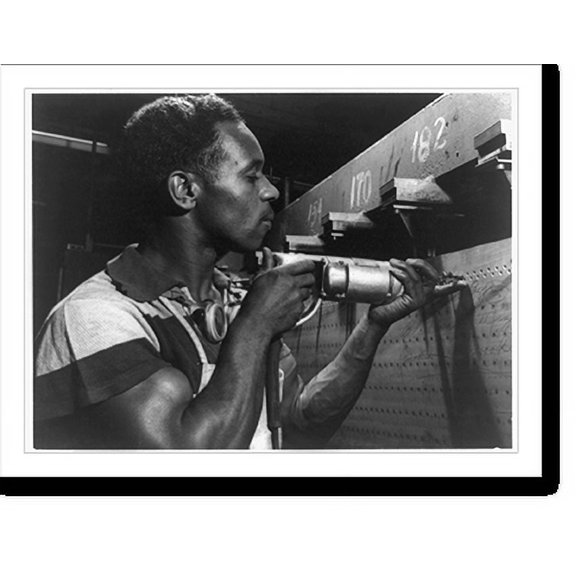 Historic Print, [Production: aircraft. This Negro worker using a portable electric drill on a YP-38 sub-assembly in a large western aircraft plant was trained in a very short time to do...18" x 24"