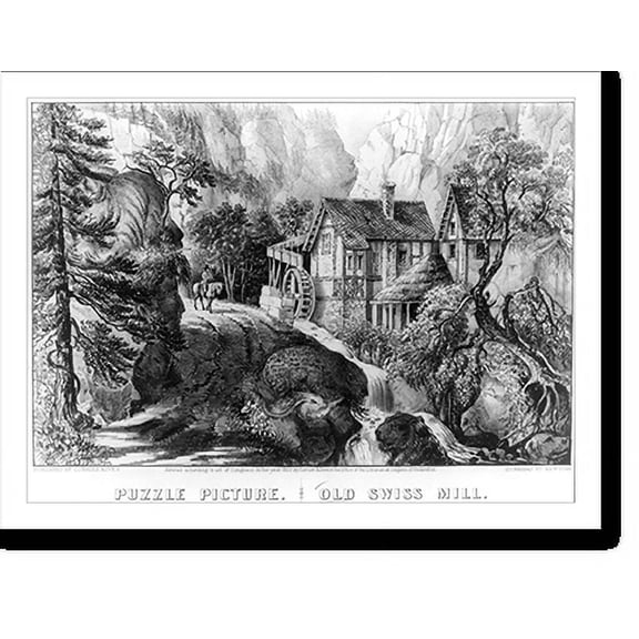Historic Print, Puzzle picture. old Swiss mill, 18" x 24"
