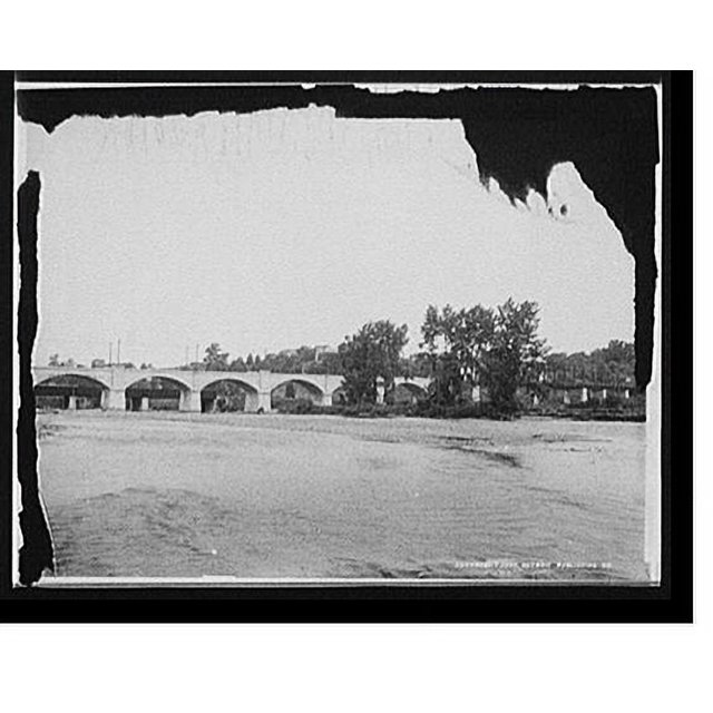 Historic Print, [Railroad bridge and arched bridge over river], 16" x