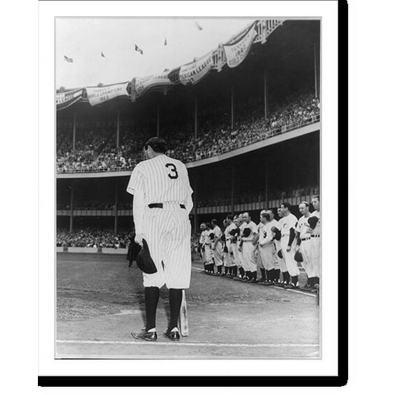 Historic Print, [Rear view of Babe Ruth, two months previous to his death on 16 August 1948, wearing his famed No. 3 uniform for the last time and bowing as he acknowledges the cheers o…16" x 20"