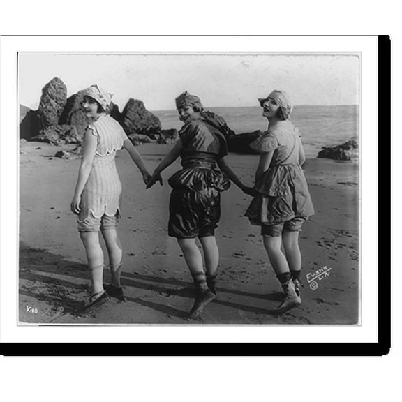 Historic Print, [Rear view of Lillian Langston, Edith Roberts, and Myrtle Reeves, with hands joined, wearing bathing suits and looking over their shoulders, on beach], 18" x 24"