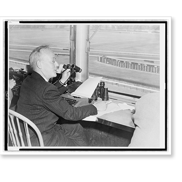 Historic Print, Red Smith at Belmont Park Race Track on opening day, 16