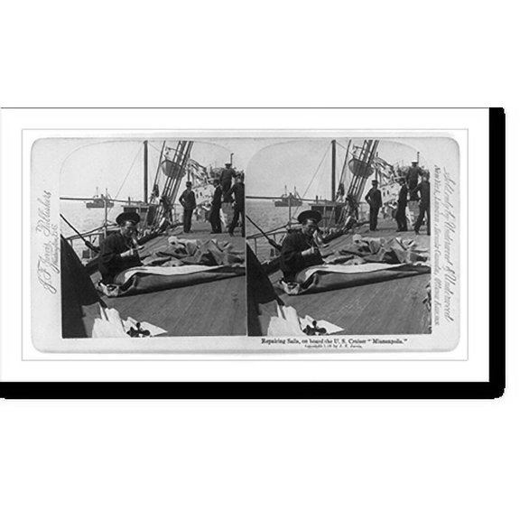 Historic Print, Repairing sails aboard Cruiser USS MINNEAPOLIS, 16" x 20"