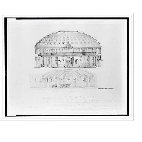 Historic Print, Restoration of the old Senate and old Supreme Court chambers in the U.S. Capitol, Washington, D.C. West elevation. Presentation drawing, 16" x 20"