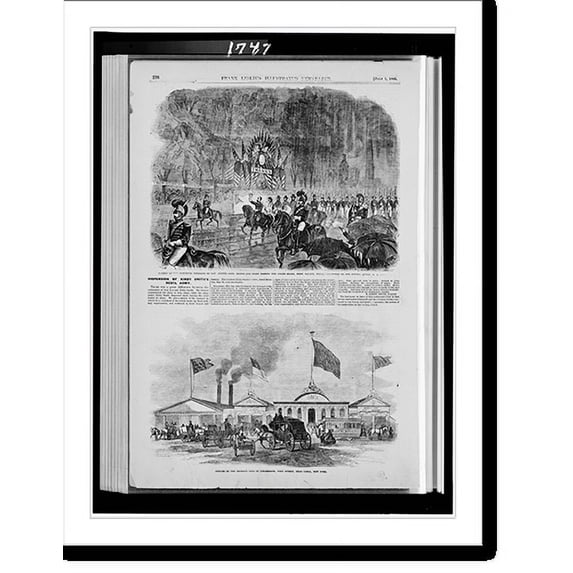 Historic Print, Review of the returned veterans by Gov. Curtin. Gen. Meade and staff passing the grand stand, Penn. Square, Phila..sketched by our special artist [...] Offices of the Pe...18" x 24"