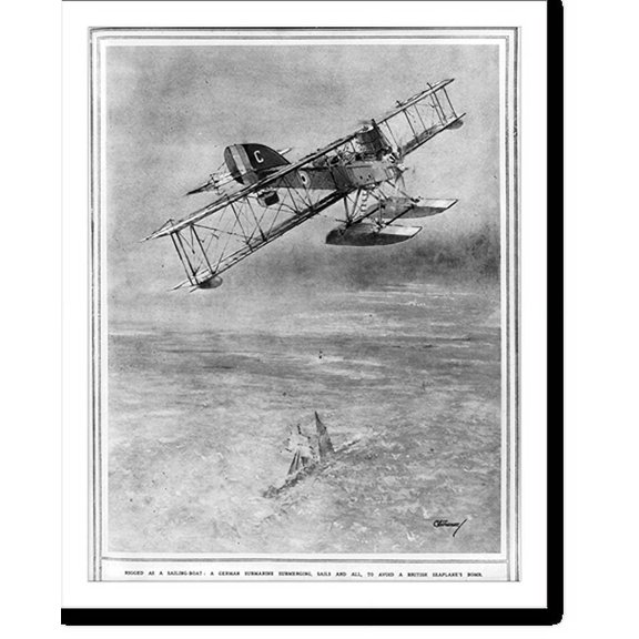 Historic Print, Rigged as a sailing-boat: a German submarine submerging, sails and all, to avoid a British seaplane's bomb, 16" x 20"