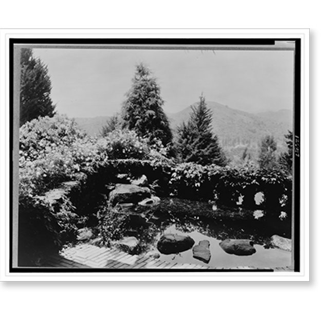 Historic Print, [Rock garden and small pond surrounded by flowers and shrubs, Mr. Gamble's home