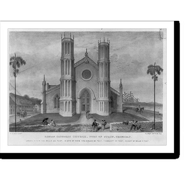 Historic Print, Roman Catholic church, Port of Spain, Trinidad, 16" x