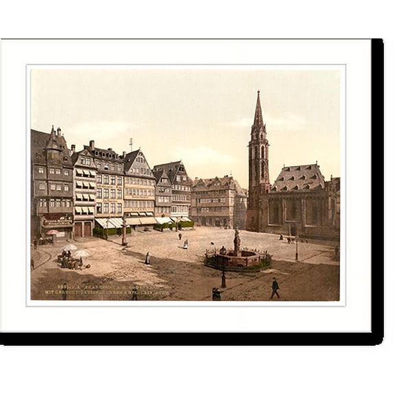 Historic Print, Romerberg and Nicholas Church Frankfort on Main (i.e. Frankfurt am Main) Germany, 16" x 20"