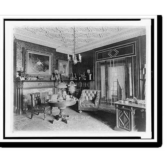 Historic Print, [Room with plasterwork ceiling, fireplace, and circular table, in home of Edmund Cogswell Converse, Greenwich, Connecticut], 16" x 20"