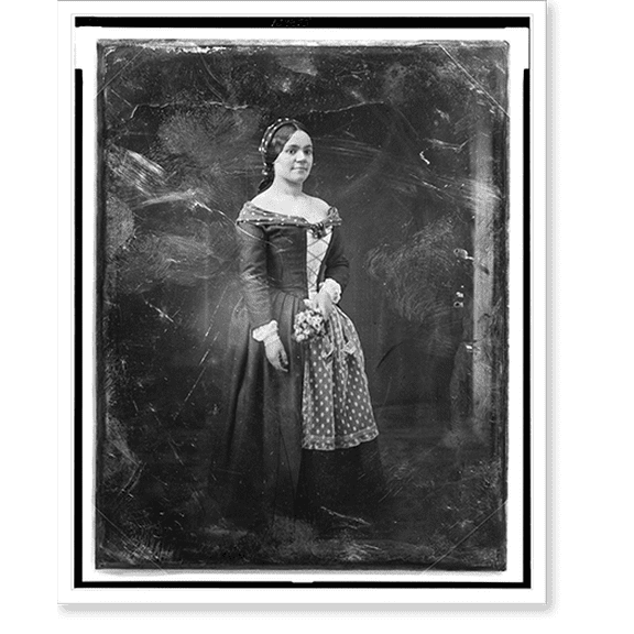 Historic Print, [Rosalie Henriette Bediez Laborde, full-length portrait of a woman, three-quarters to right, standing, in costume with lace apron, holding bouquet], 18" x 24"
