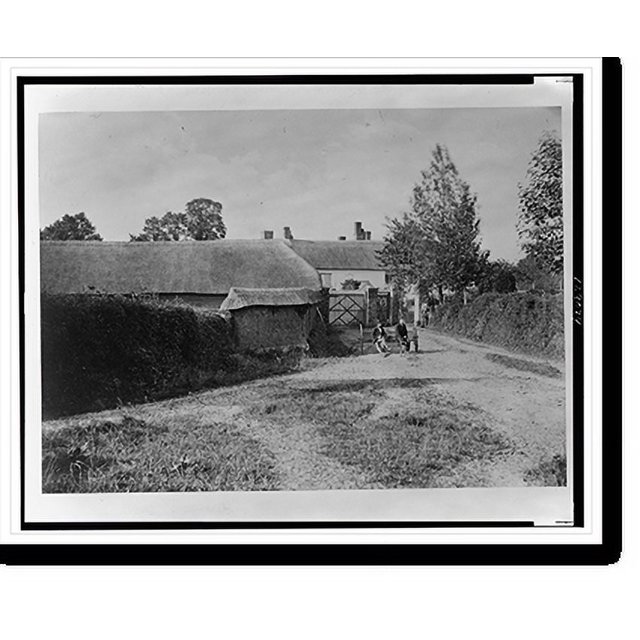 Historic Print, [Rural scene (England?), men posed on farm equipment at