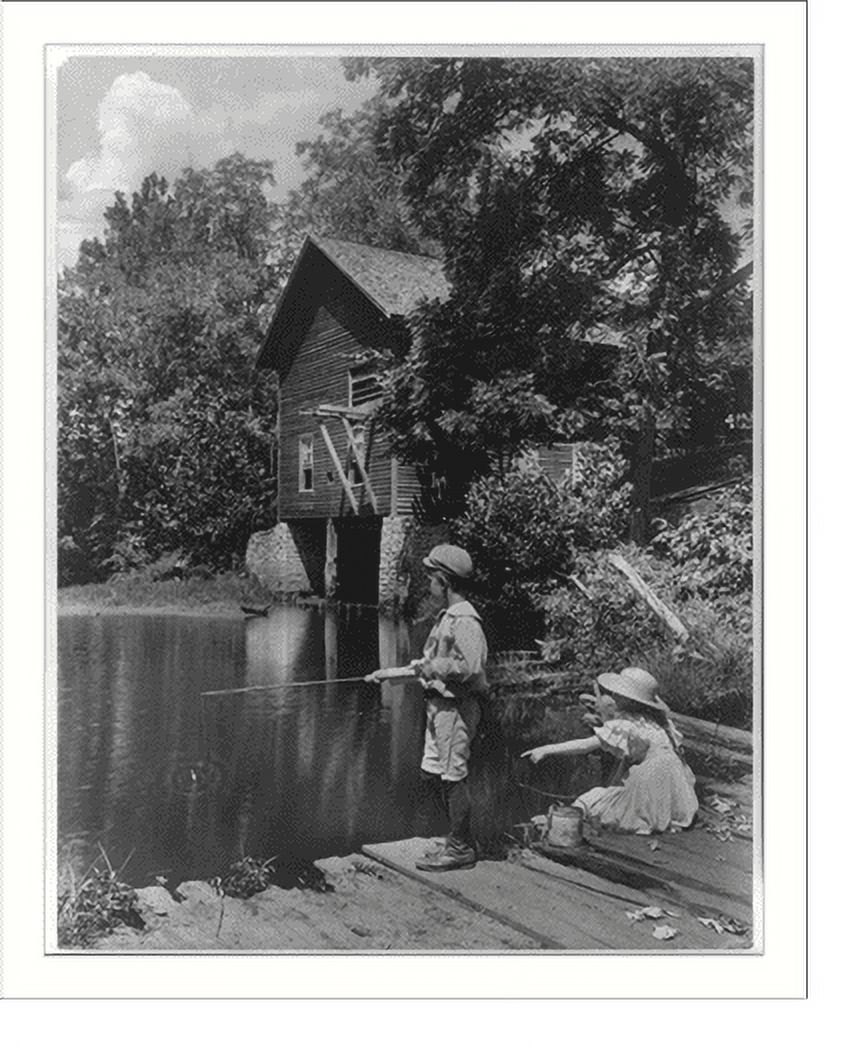 Historic Print, [Rural scenes of children fishing boy and girl at pond