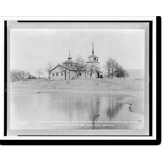 Historic Print, Russian church, Kodiak, Alaska. After a 16 in. fall of ashes from Katmai volcano, 16" x 20"